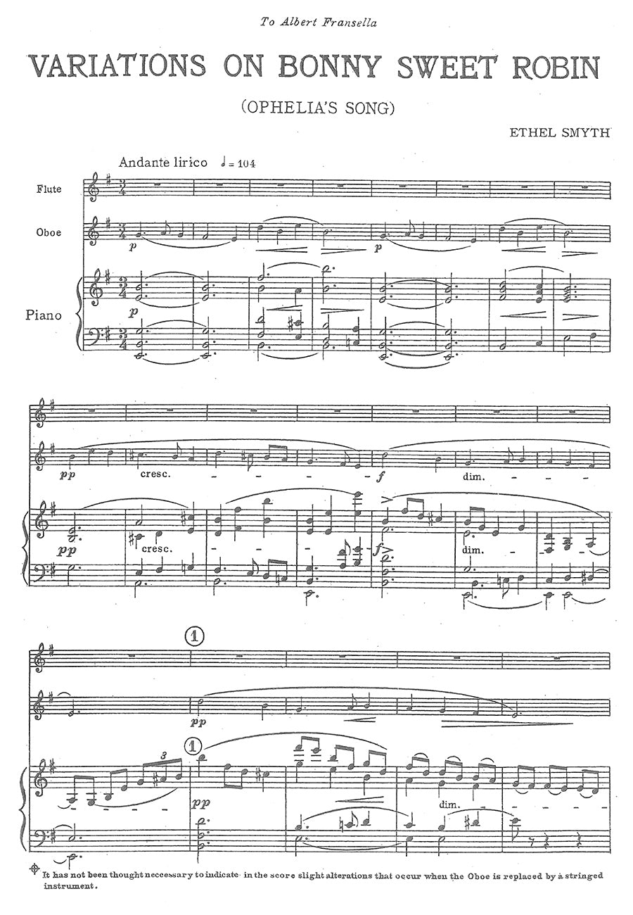 Smythe, Ethel - Variations on Bonny Sweet Robin for flute, oboe and piano
