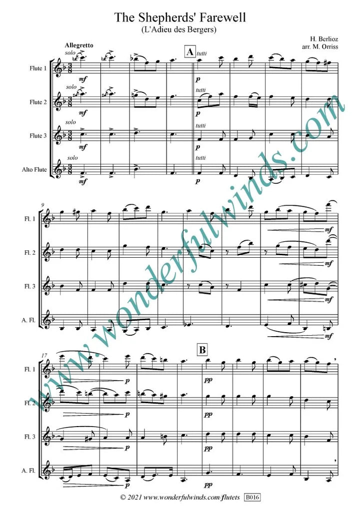 Berlioz, H - The Shepherds' Farewell - Berlioz, H.- for flute quartet (3 C flutes and 1 alto)- Digital Download