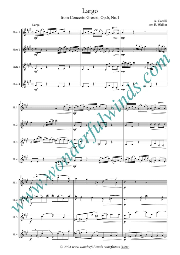 Corelli, A. - Largo & Vivace Flute quartet - Digital Download
