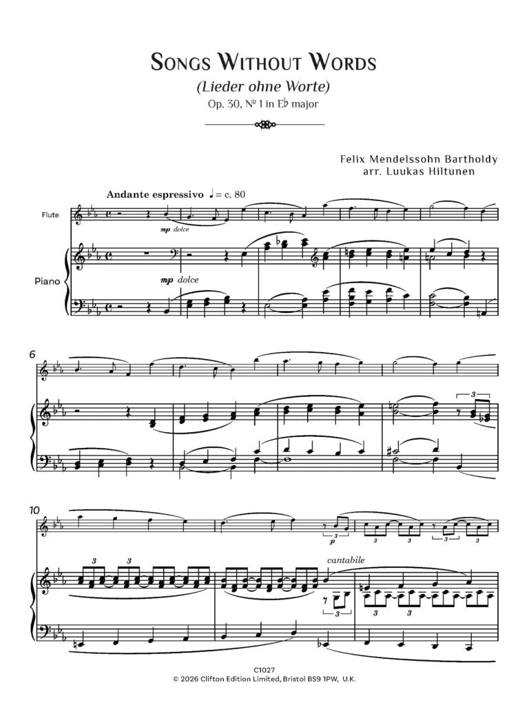 Felix Mendelssohn arr. Luukas Hiltunen - Songs Without Words Op. 30 No. 1 for flute and piano - Digital Download