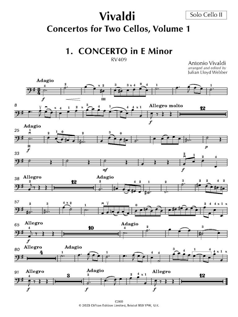 Vivaldi: Concertos Vol. 1 E minor RV409, G minor RV531 & G major RV532 for 2 Cellos and Piano, arr. Julian Lloyd Webber - Digital Download