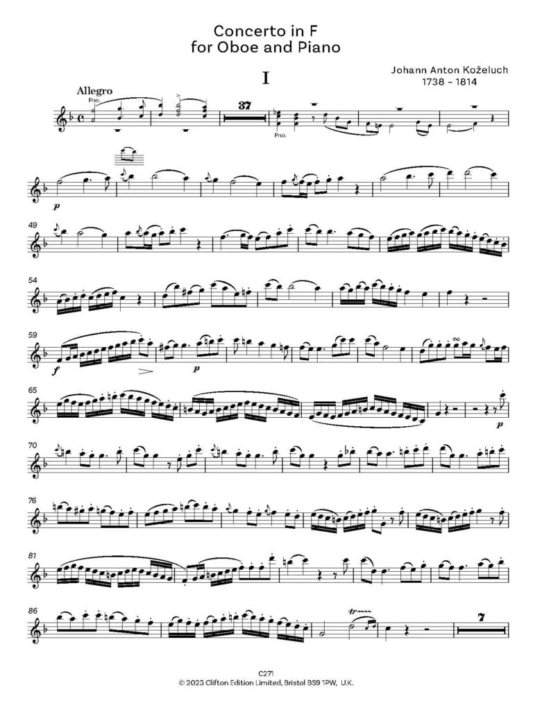 Koželuch: Concerto in F. Oboe and Piano - Digital Download