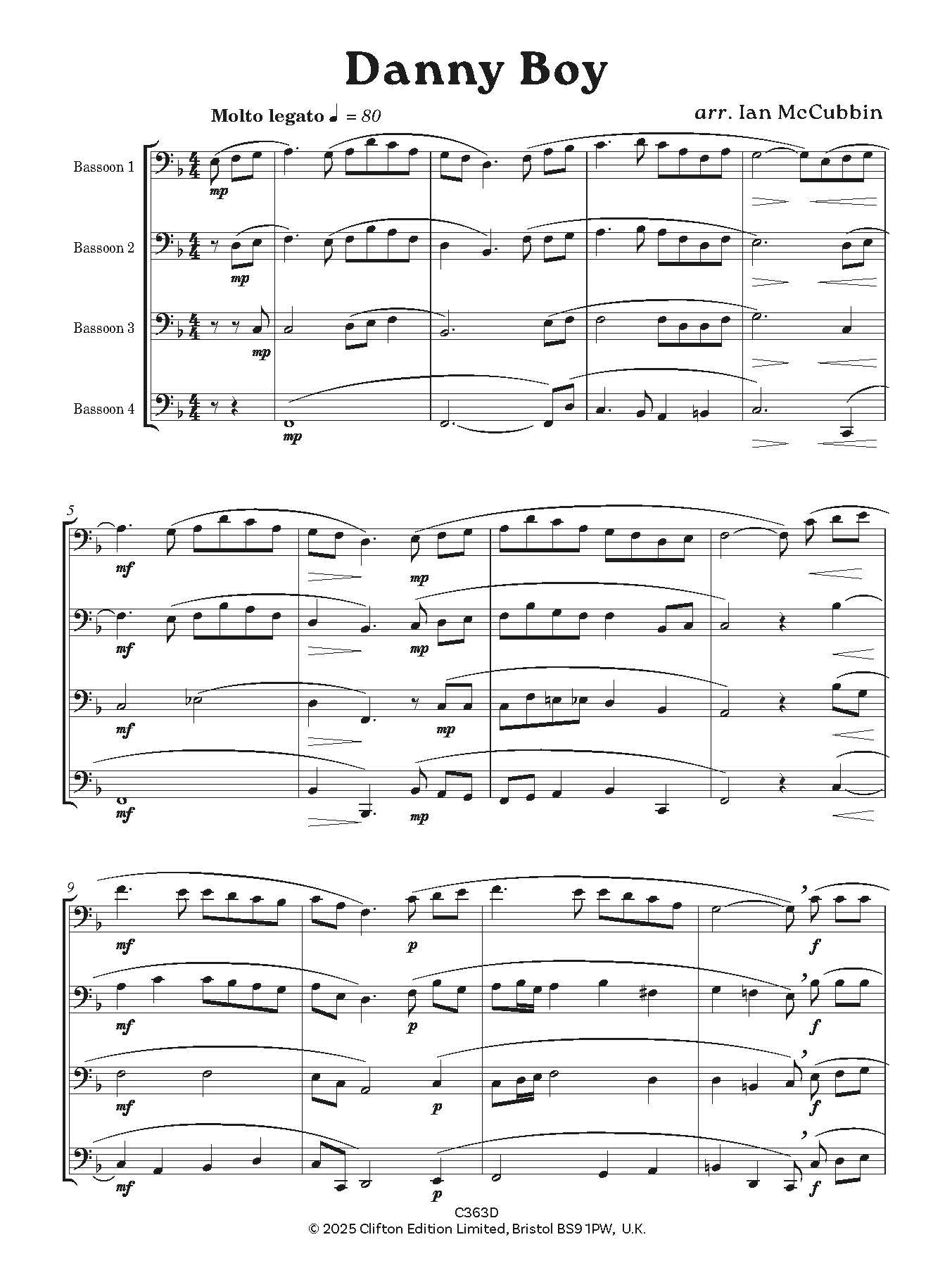 Danny Boy for Bassoon ensemble arr by Ian McCubbin- Digital Download