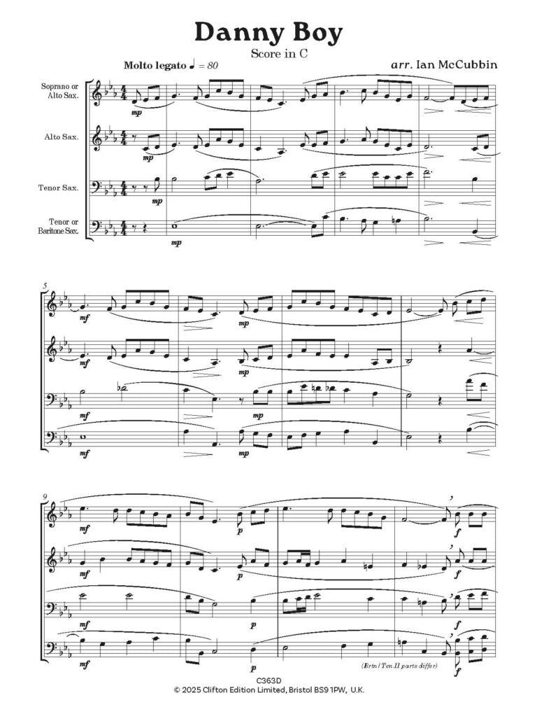 Danny Boy for Saxophone Quartet arr by Ian McCubbin - Digital Download