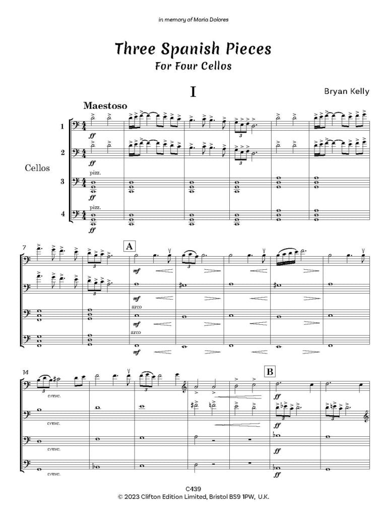 Kelly, Bryan: Three Spanish Pieces For Four Cellos - Digital Download