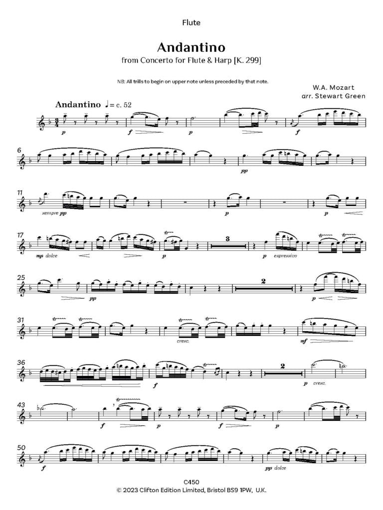 Mozart: Andantino arr. Green for Flute and Harp. - Digital Download
