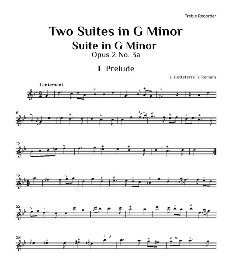Hotteterre, J - Suites in G minor Op. 2 Nos. 3a and 3b for Recorder- Digital Download