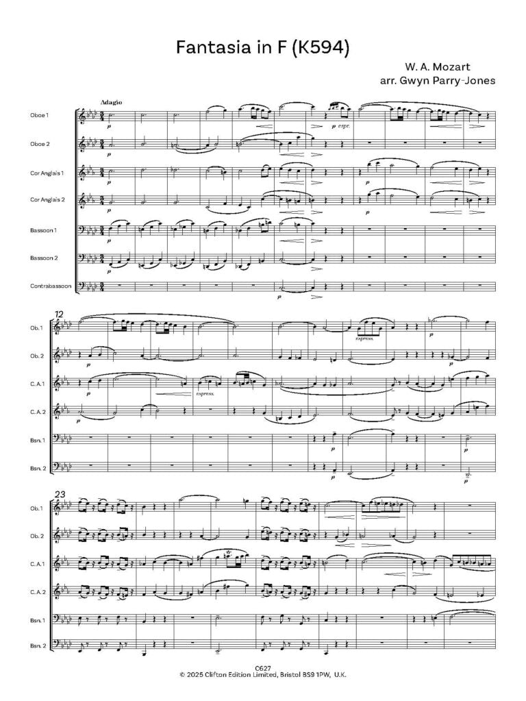 Mozart - Fantasia in F K 594 for 2 Ob, 2 Cor, 2 Bn and Cbn. - Digital Download