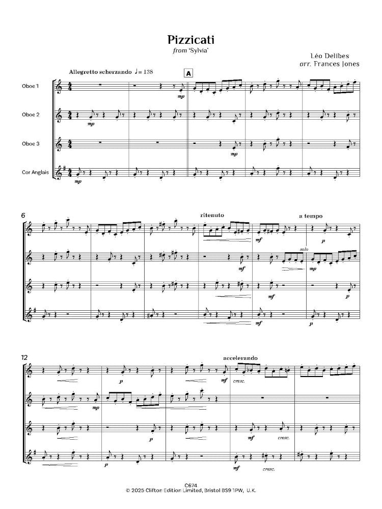 Delibes, Léo: ‘Pizzicati’ from Sylvia, arr. Three Oboes & Cor Anglais. - Digital Download