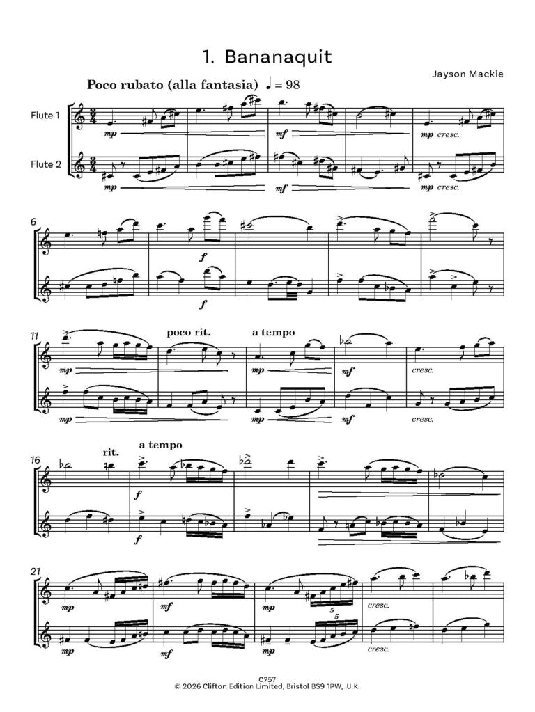 Mackie, Jayson - Caribbean Birds 7 Pieces for Two Flutes - Digital Download