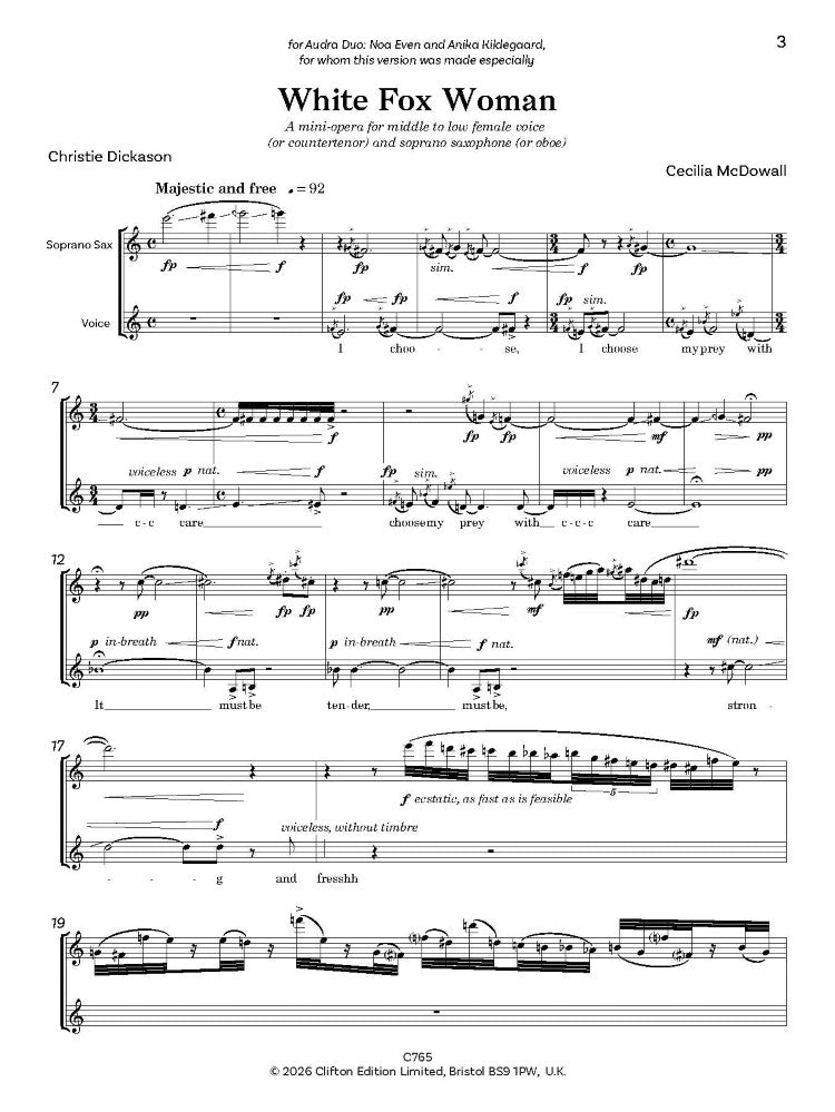 McDowall, Cecilia: White Fox Woman for Voice & Soprano Saxophone