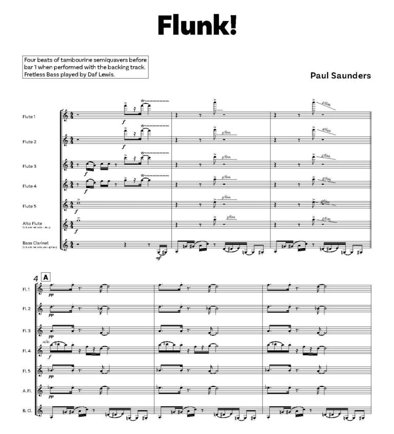 Saunders, Paul - Flunk!  for 5 Flutes with optional Alto Flute and either Bass Clarinet or Backing Tracks.- Digital Download