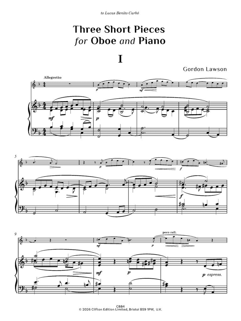 Lawson, Gordon - Three Short Pieces for Oboe and Piano (2025) - (Digital Download)