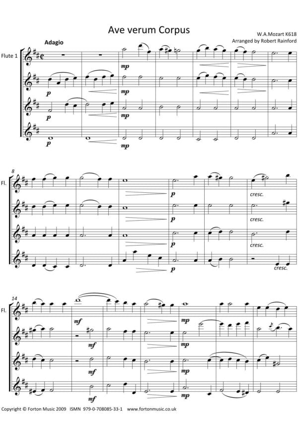 Mozart, WA - Ave Verum Corpus for flute quartet - Digital Download
