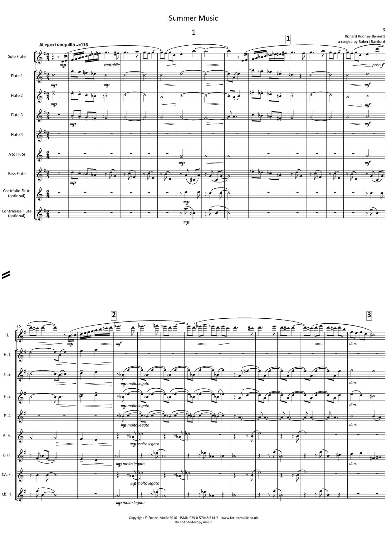 Bennett, RR -Summer Music- for solo flute and low flute ensemble - Digital Download