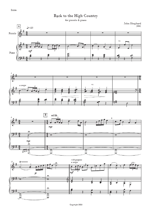 Shephard ,John -' Back in the High Country’ (piccolo & piano) (Digital Download)