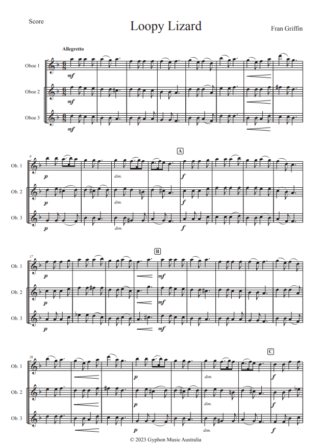 Griffin, Fran - Loopy Lizard for Oboe trio - Digital Download