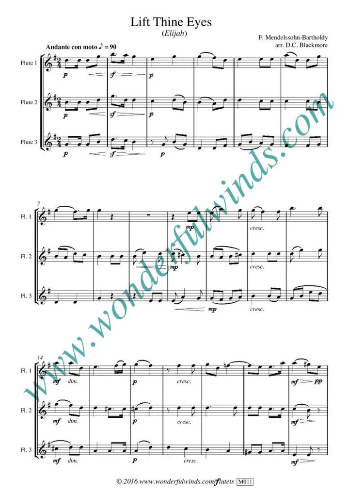 Mendelssohn, F - Lift Thine Eyes - for 3 flutes - Digital Download