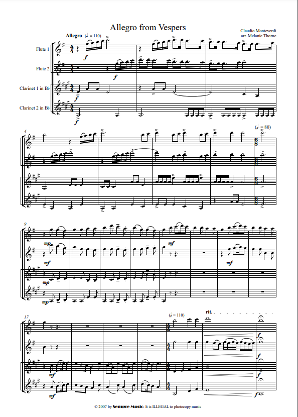 Monteverdi, Arr Thorne, Melanie - Allegro from Vespers - flute quartet - Digital Download