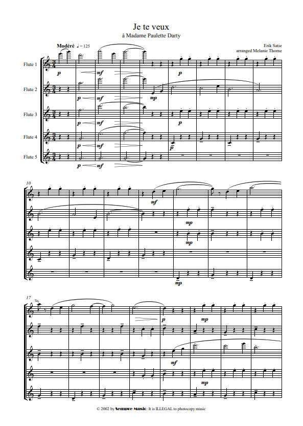 Eric Satie ~ Arranged by Melanie Thorne - Je te Veux for flute choir - Digital Download