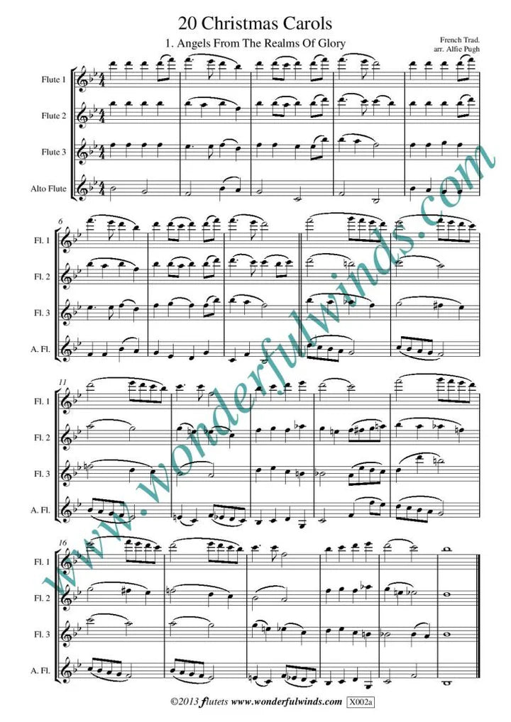 20 Christmas Carols - Various - for flute quartet (3 C flutes and 1 alto)- Digital Download