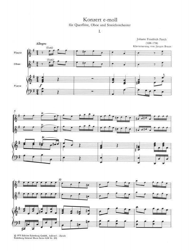 Fasch, Johann Friedrich: Concerto for flute, Oboe and string orchestra in E minor , reduction
