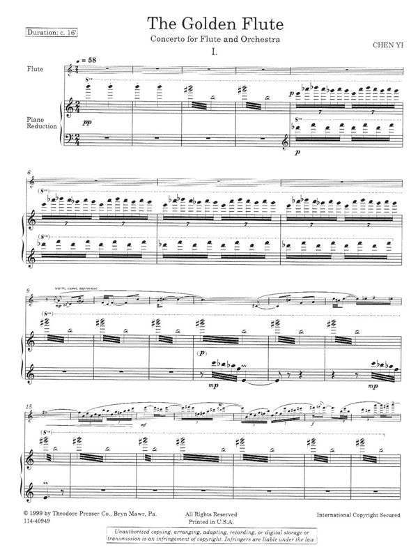 Yi, Chen - The Golden Flute Solo Flute With Piano Reduction