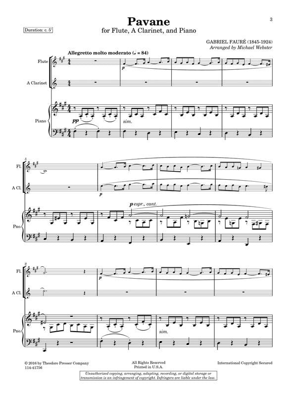 Faure- Pavane Op 50 for Clarinet, Flute and piano Arr Webster (Presser)