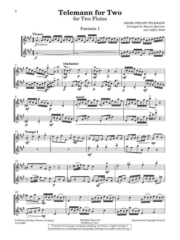 Telemann For Two : Volume I, Fantasias 1-6 Arranged by Jeffery Zook & Sharon Sparrow