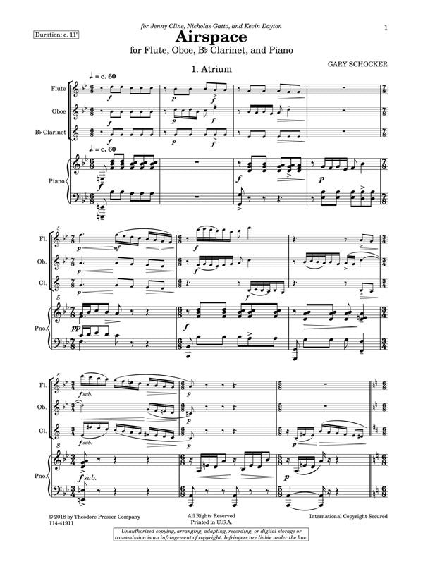Schocker , Gary - Airspace For Flute, Oboe, Bb Clarinet, and Piano