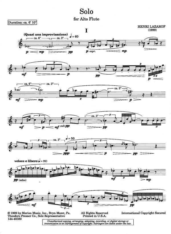 Lazarof, Henri - Solo For Alto Flute