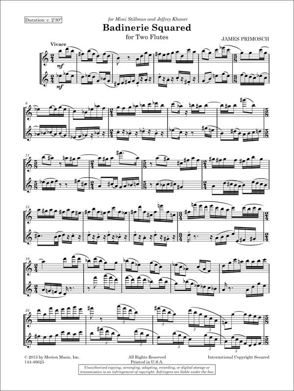 Primosch, James - Badinerie Squared For Two Flutes
