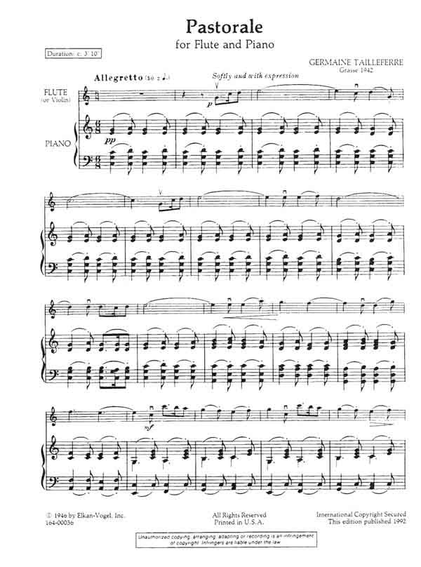 Tailleferre, Germaine - Pastorale For Flute and Piano