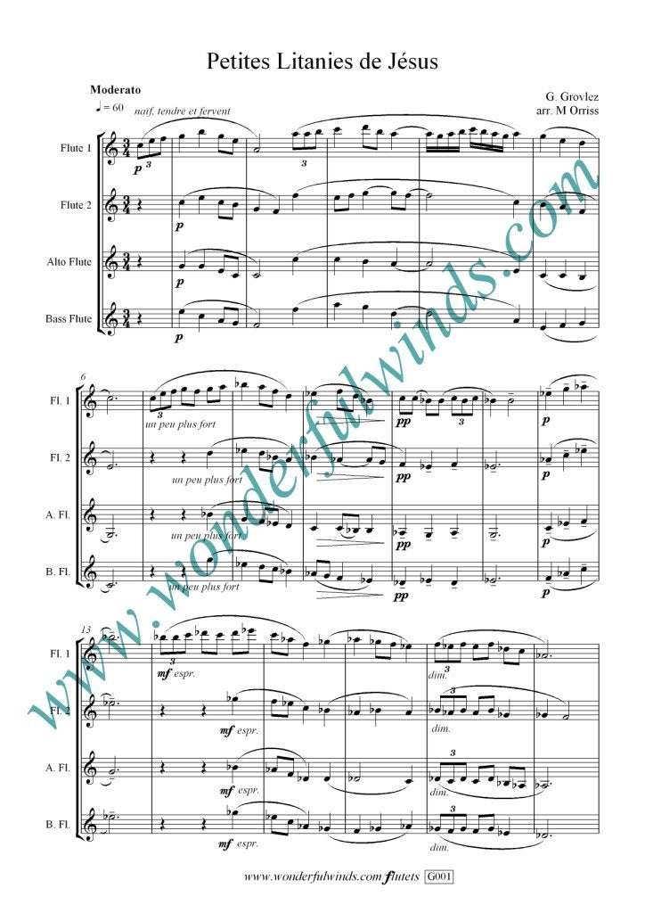 Grovlez, G -Petite Litanies de Jesus for quartet - 2 flutes alto and bass - Digital Download