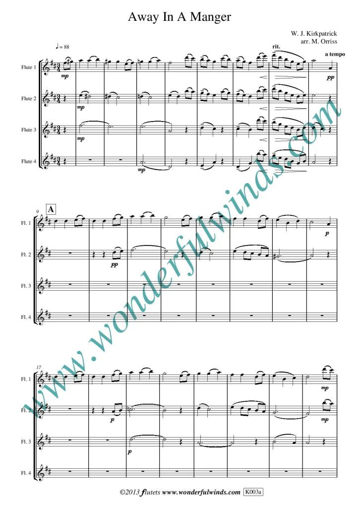 Kirkpatrick: Away In A Manger for 4 flutes - Digital Download