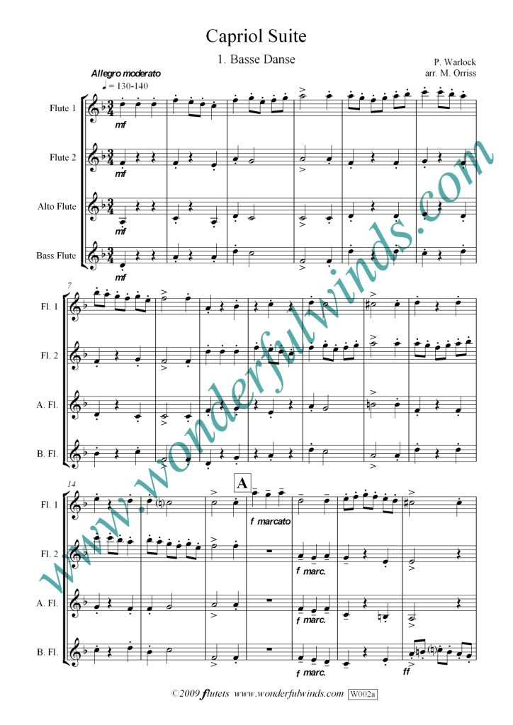 Warlock - Capriol Suite for 4 flutes - Digital Download