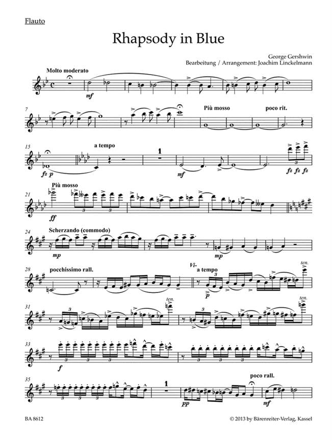 Gershwin George Rhapsody in Blue arranged for Woodwind Quintet.