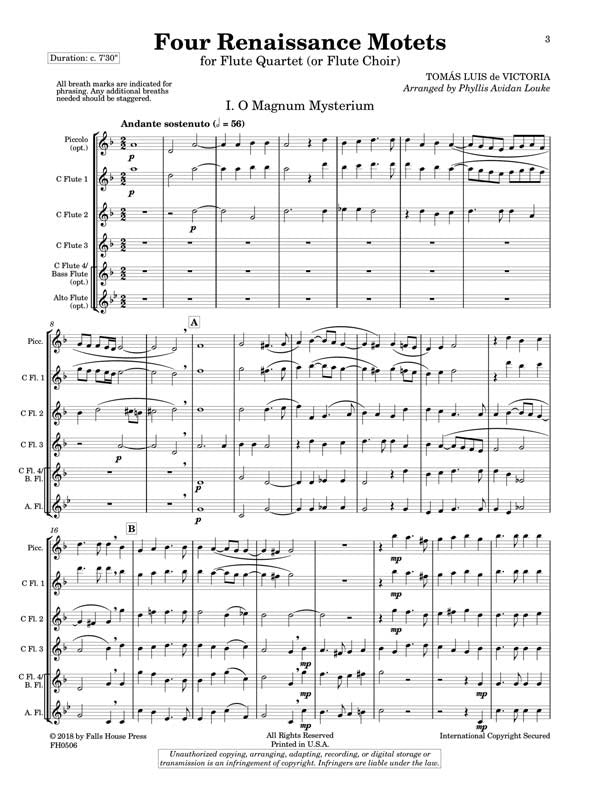 De Victoria ,Thomas - Four Renaissance Motets for Flute Quartet (or Flute Choir) Arranged by Phyllis Louke