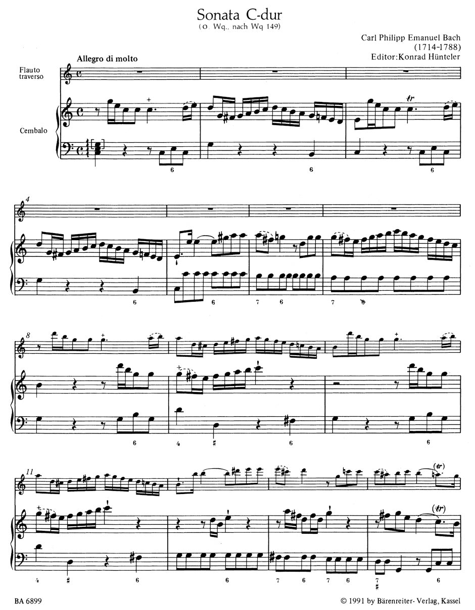 Bach Carl Philipp Emanuel Sonata for Flute in C (according to Wq 149).