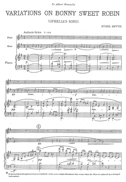 Smythe, Ethel - Variations on Bonny Sweet Robin for flute, oboe and piano