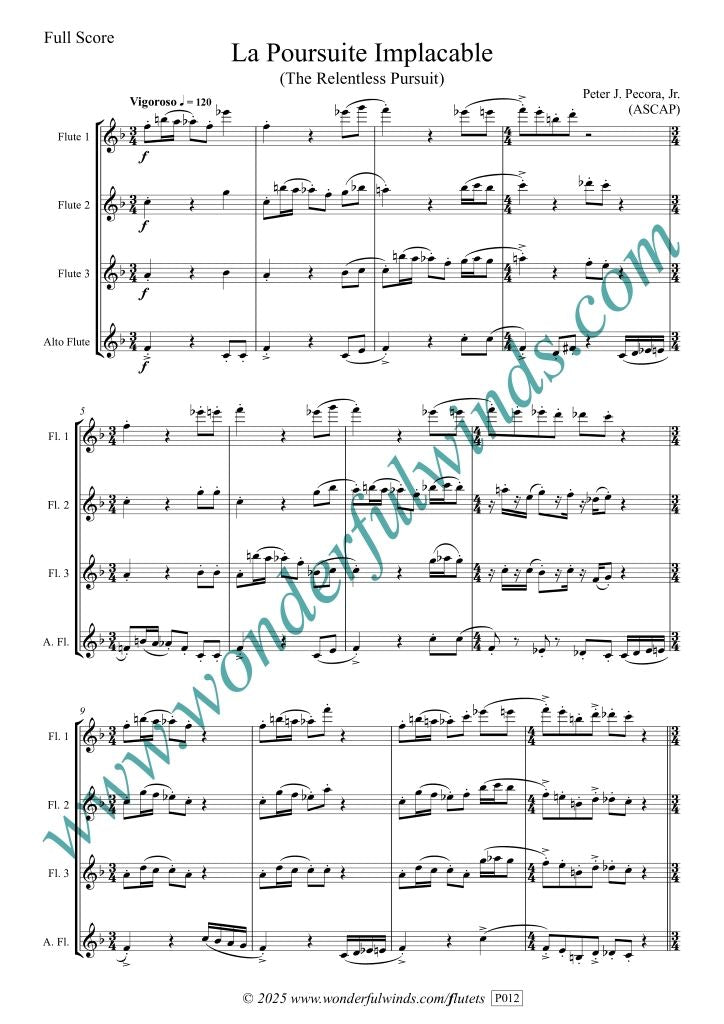 Pecora, P. J. Jr - La Poursuite Implacable -. Flute quartet (3 C Flutes 1 alto)- Digital Download