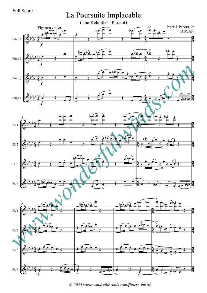 Pecora, P. J. Jr - La Poursuite Implacable -. Flute quartet (4 C Flutes)- Digital Download
