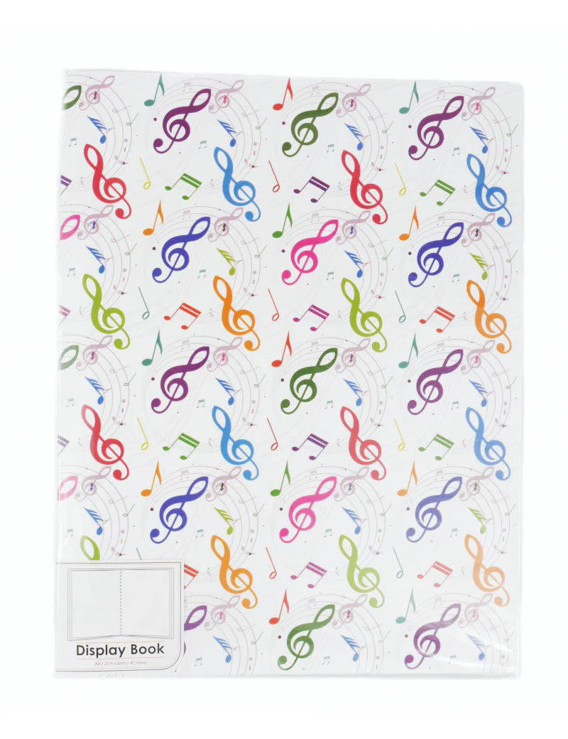 A4 Display Folder White with Colourful Music Notes and Treble Clefs 20 Clear Pockets