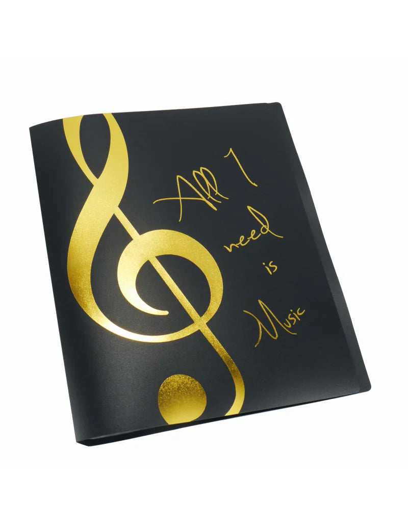 A4 Display Folder Black with Gold Treble Clef and 'All I Need is Music' Saying 20 Clear Pockets