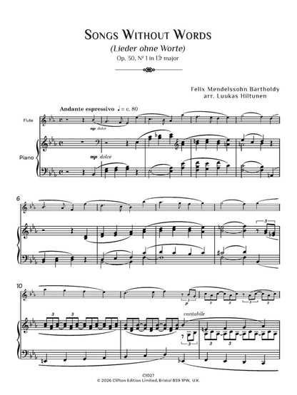 Felix Mendelssohn arr. Luukas Hiltunen - Songs Without Words Op. 30 No. 1 for flute and piano - Digital Download
