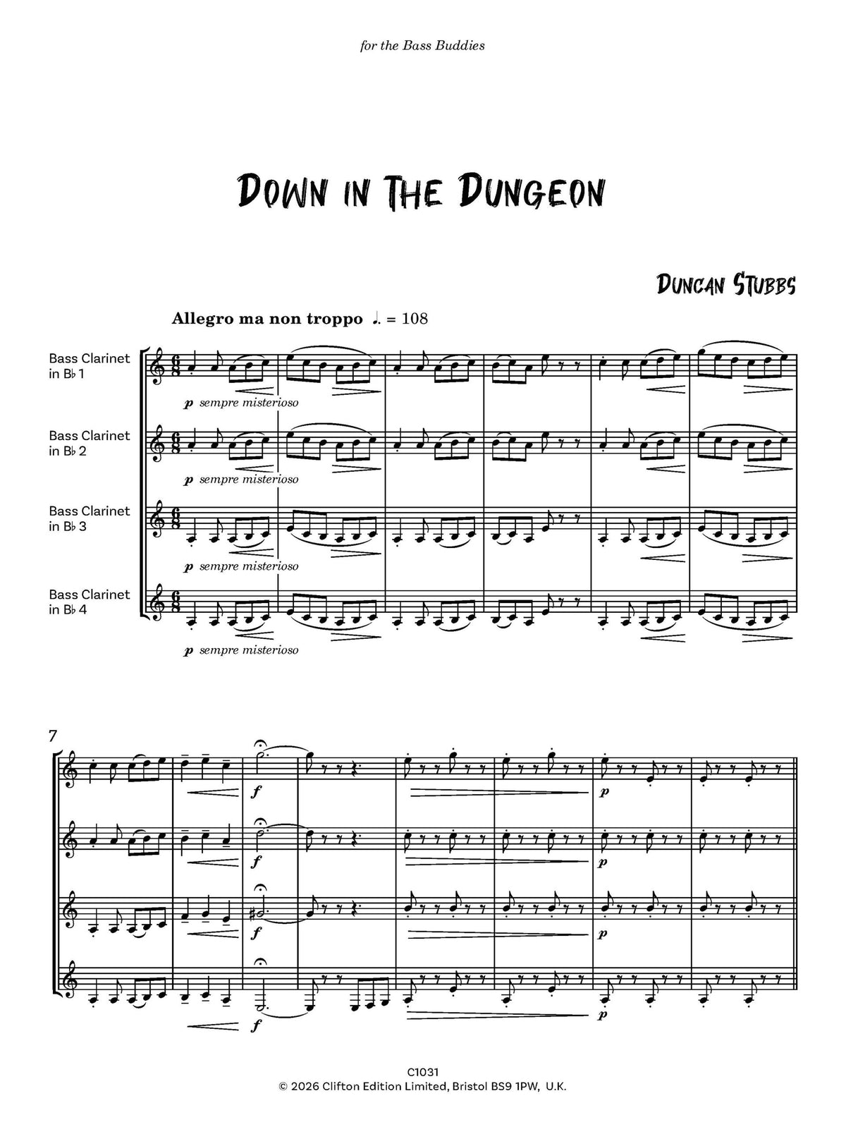 Down in the Dungeon for 4 Bass Clarinets- Digital Download
