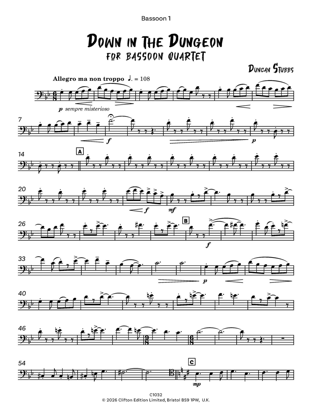 Stubbs, Duncan - Down in the Dungeon for Bassoon Quartet- Digital Download