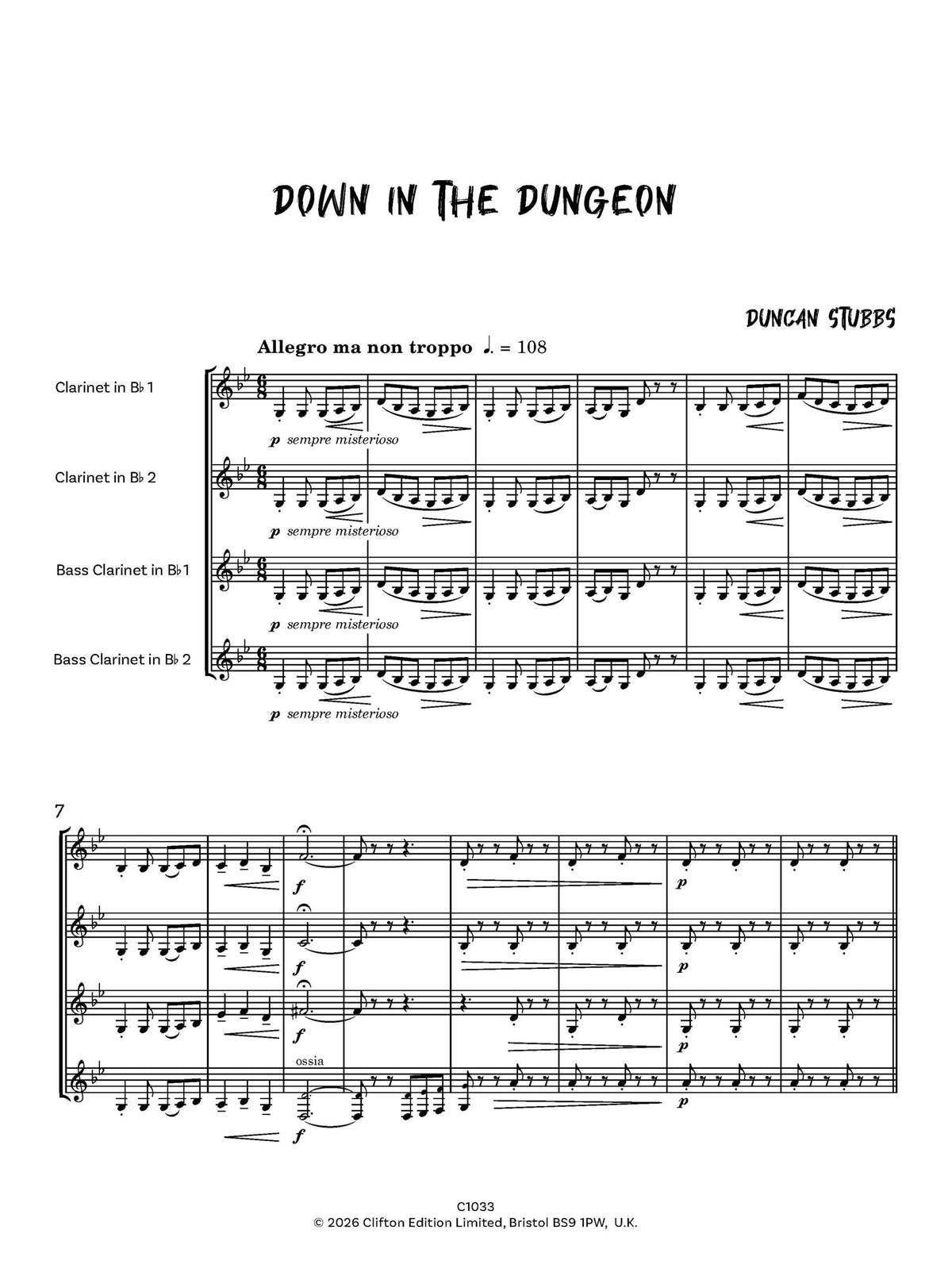 Down in the Dungeon for 2 Clarinets and 2 Bass Clarinets- Digital Download