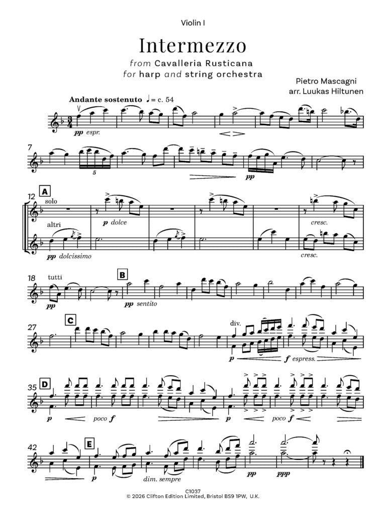 Pietro Mascagni arr. Luukas Hiltunen - Intermezzo from Cavalleria Rusticana for solo harp and string orchestra - Digital Download