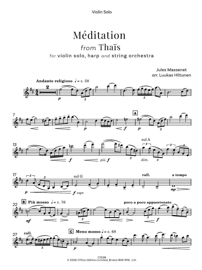 Massenet/Hiltunen - Méditation from Thaïs - String Orchestra solo violin and harp - Digital Download